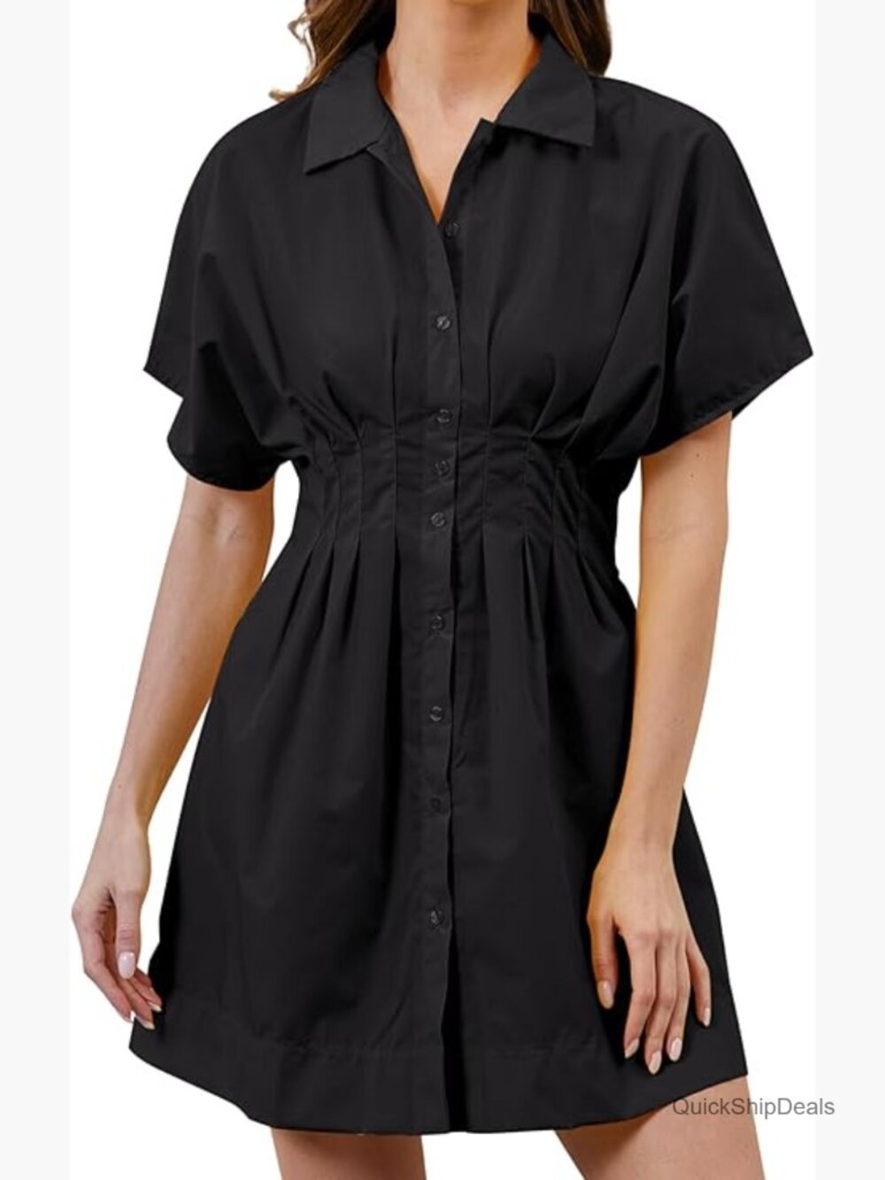 Cotton Pleated Shirt Dress with Corset Waist Mini Summer Casual